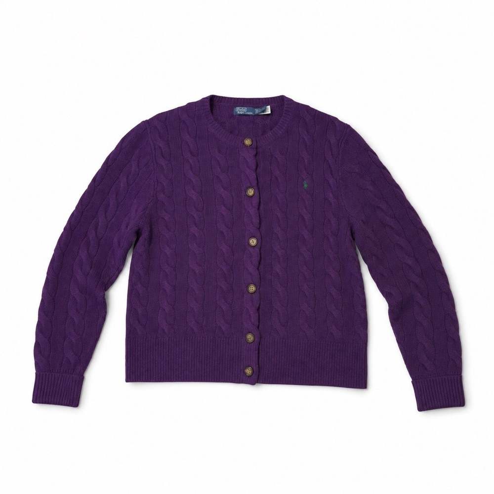 Polo Ralph Lauren Cardigan Womens XXL Purple Cable Knit Wool Cashmere Pony Logo